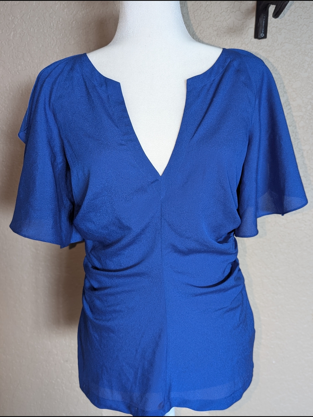 bebe Cobalt Blue V-Neck Flutter Sleeve Blouse